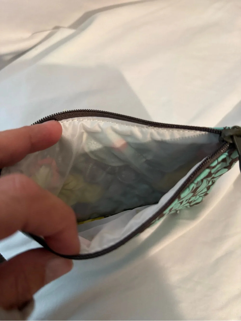 Vera Bradley Quilted Cosmetic Bag Teal Brown Leaf Print Zip Makeup Pouch